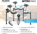 Alesis Nitro Max Kit Batería Electrónica con Parches Silenciosos de Malla, Caja de Doble Zona de 10", Bluetooth, 440+ Sonidos Auténticos, Lecciones Drumeo, USB MIDI, Pedal de Bombo