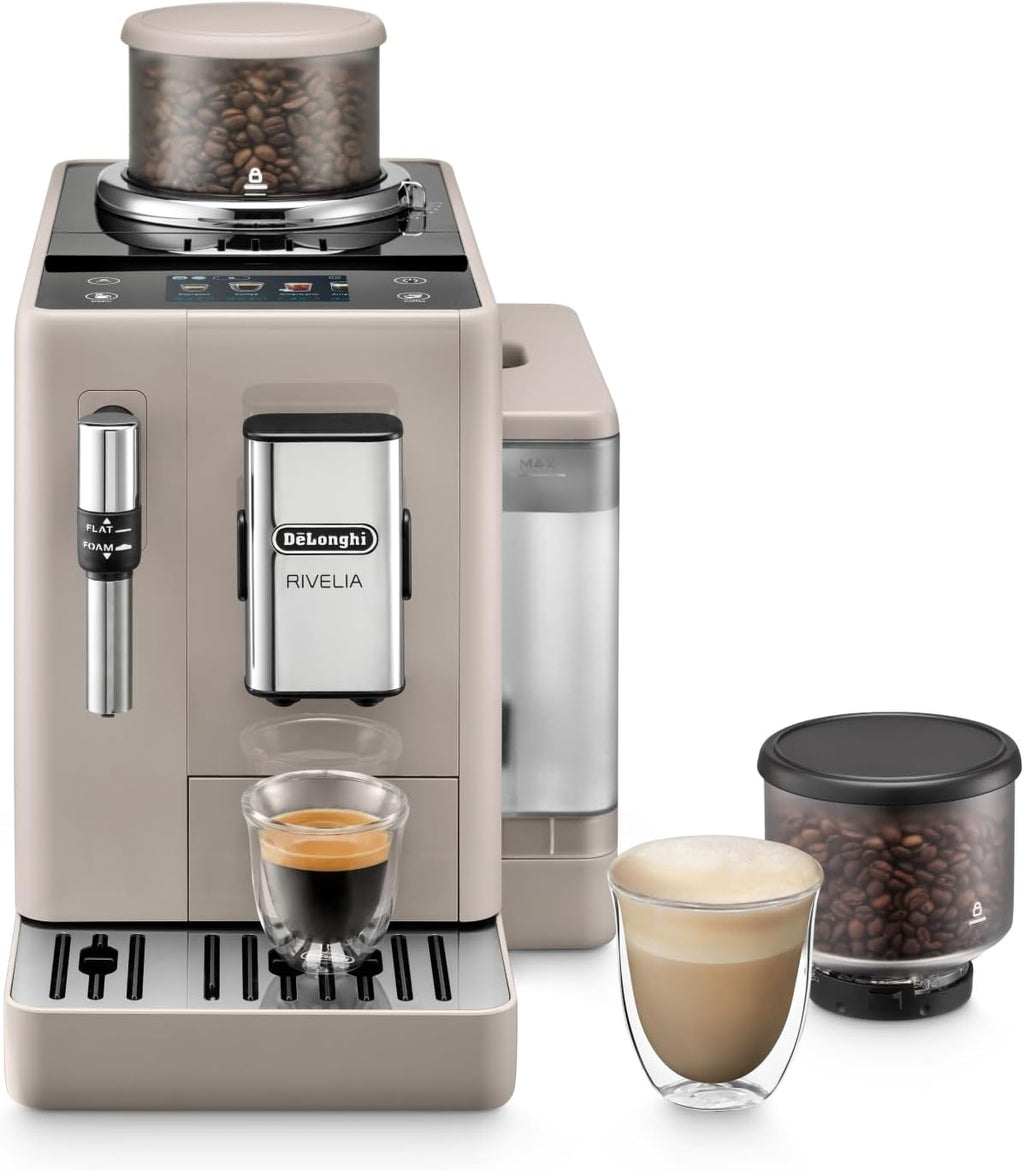 De'Longhi Rivelia EXAM440.55.G, Cafetera Superautomática con LatteCrema Hot, Espumador de Leche Automático, Tamaño Compacto, 16 Recetas, Pantalla Táctil a Color, Gris