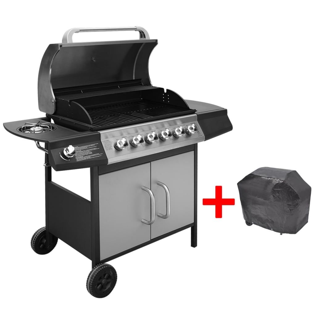 Barbacoa Grill De Gas 6+1 Quemadores Negra Y Plateada Vidaxl