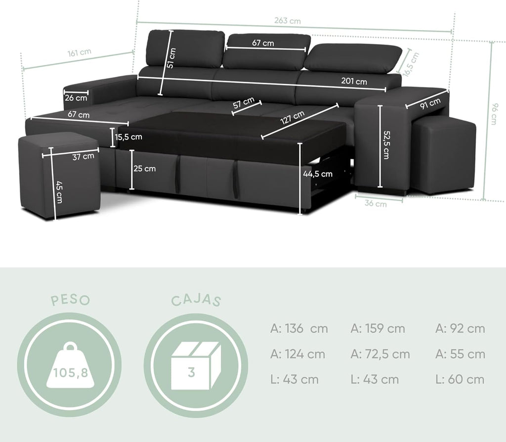 BUDWING John Sofá Cama Esquinero 4 Plazas - Chaise Longue Reversible, Reposacabezas Ajustable y 2 Pufs – Tapizado en Poliuretano – Estilo Moderno – 263x161x96 cm – Negro