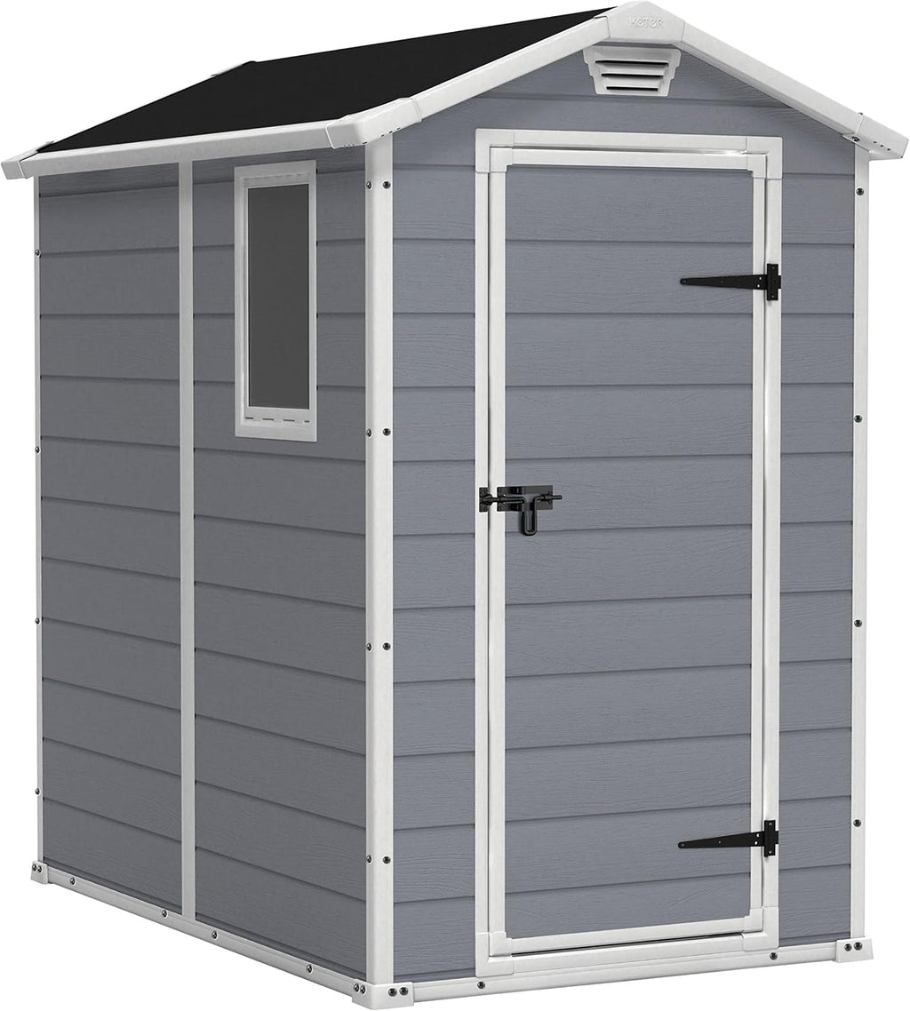 Keter Manor 4X6 - Caseta de jardín, 130x192x198cm y 2,2m2, Suelo, Sistema de ventilación, Puerta y Ventana, Resistente al Agua, Color Gris
