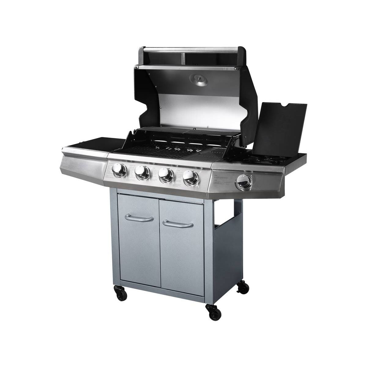 Barbacoa A Gas Con Led "bingo 5" - 5 Quemadores Donde 1 Es Lateral - 15.2kw + Funda De Protección - Plateado