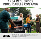Barbacoa de gas Fireplus 6+1 de 12,9 kW - Acero inoxidable Negro - Parrilla con ruedas Modelo GRILL-6F - Barbacoa XXL con carro y termómetro - 138x52x103 cm - 7 quemadores y Bandeja lateral