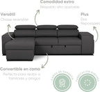 BUDWING John Sofá Cama Esquinero 4 Plazas - Chaise Longue Reversible, Reposacabezas Ajustable y 2 Pufs – Tapizado en Poliuretano – Estilo Moderno – 263x161x96 cm – Negro