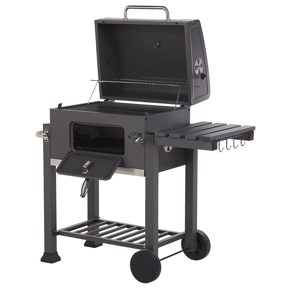 Barbacoa De Carbón Parrilla De Acero Gris Con Tapa Rejilla Ruedas 2 Estantes Termómetro Cenicero Extraíble Jardín Pavlof - Gris