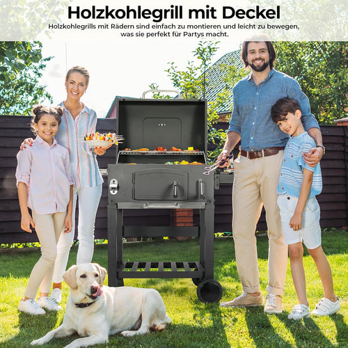 Barbacoa de Carbon XXL, Parrilla de Carbón con Chimenea y Tapa, Parrilla con Carrito BBQ Smoker con Ruedas y Termómetro, Grande BBQ Carbon para Camping y Jardín