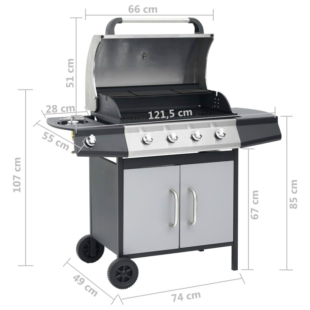 Barbacoa Grill De Gas 4+1 Quemadores Negra Y Plateada Vidaxl