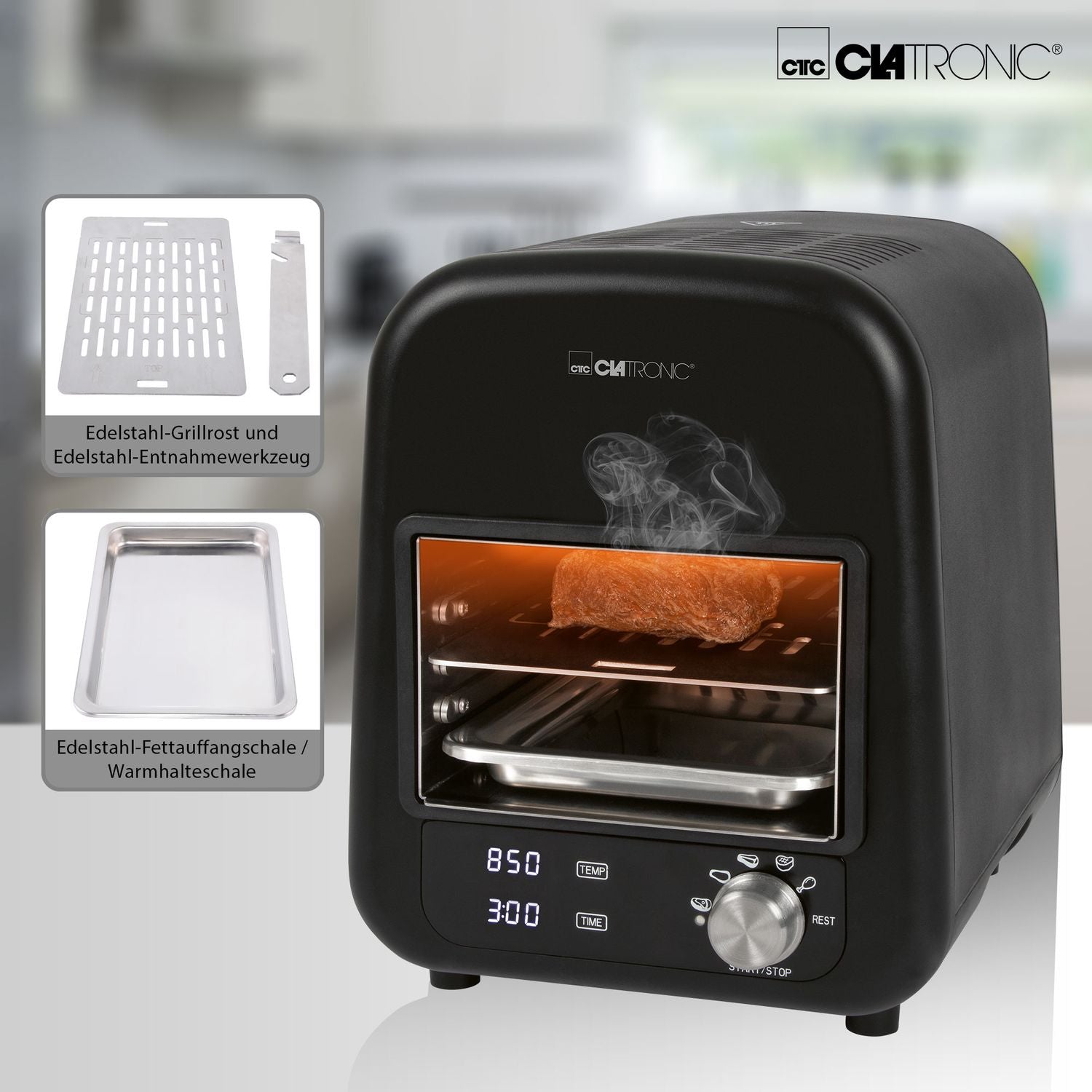 Barbacoa Grill Eléctrica Infrarrojos, Parrilla Cerámica, 5 Programas Cocinado, 850ºc,  Interior Negro 1600w Clatronic Ebg 3760