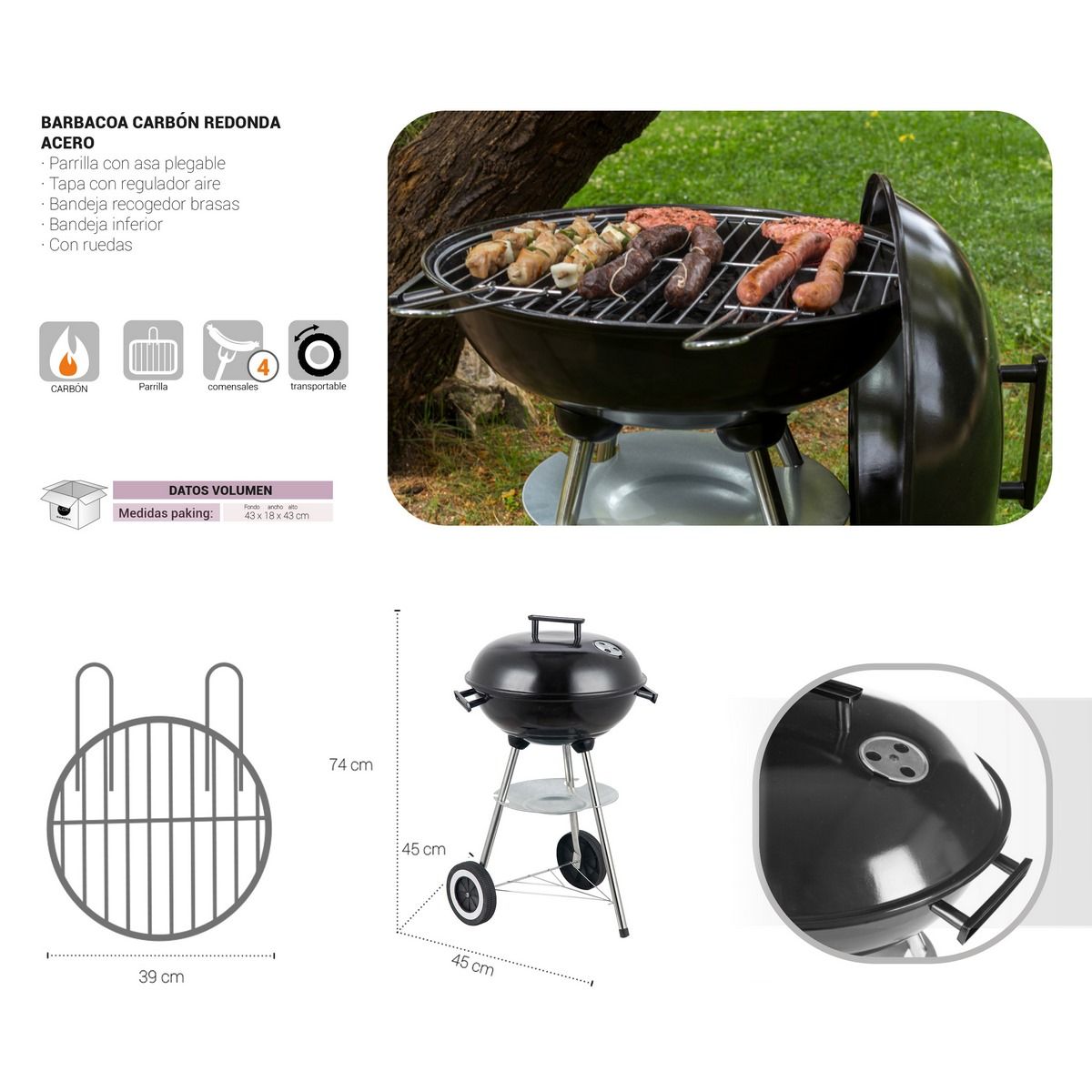 Barbacoa De Carbón Lolahome Con Parrilla De Acero, 74x45x41cm, Negra