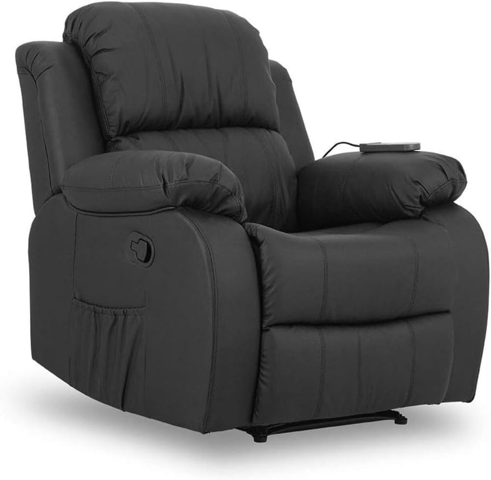 Don Descanso - Sillón Masaje Relax Calor Trevi Negro Reclinable 160º con 8 Motores Silenciosos, Calor Lumbar, Sist. Masaje 4 Zonas y Acabado en PU Anti-Cuarteo [Incluye Mando]. Ideal Gente Mayor