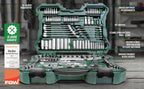 Mannesmann M98430 - Maletín con llaves de vaso y otras herramientas (215 piezas, tamaño: 12x36x51 cm), Color Verde Mannesmann